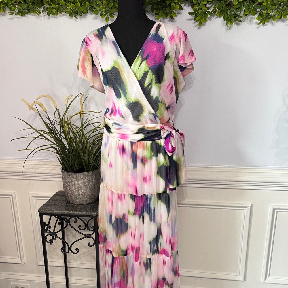 NWT DKNY Pink and Green Ruffle Cap Sleeve Watercolor Flowing Maxi Dress 22W